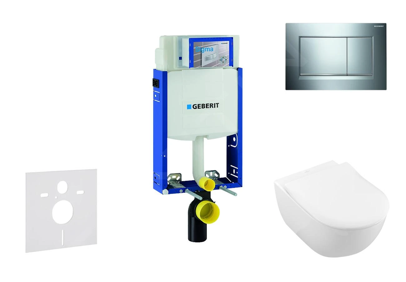 Geberit Kombifix - Toiletset Met Sigma30 Bedieningsplaat, Glanzend Chroom/mat Chroom + Villeroy Boch Hangend Toilet En Wc Bril, SoftClose, DirectFlush, CeramicPlus 110.302.00.5 NI6