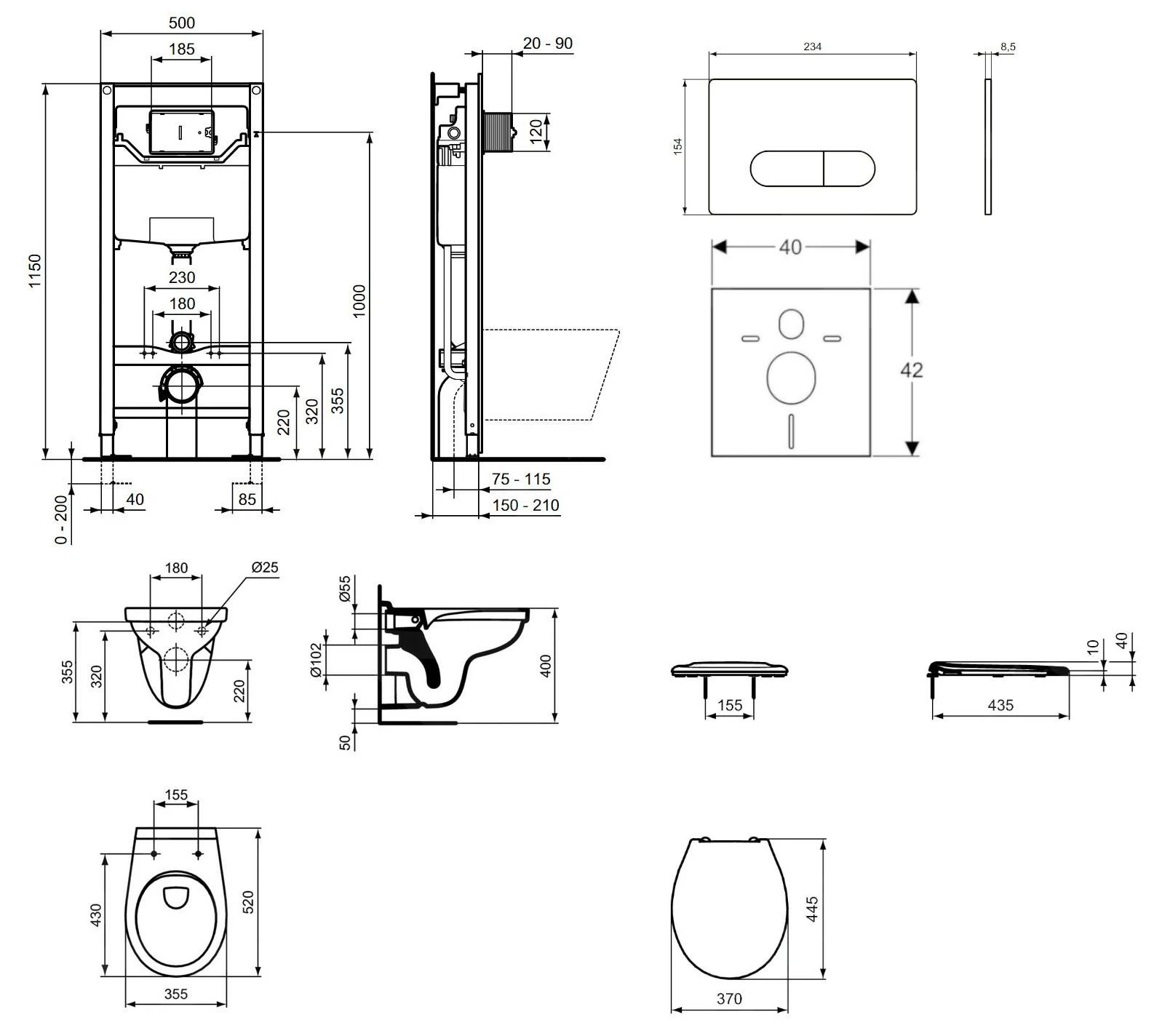 Ideal Standard ProSys - Toiletset - Inbouwreservoir, Closet Alpha Met WC-zitting, Oleas M1 Bedieningsplaat, Wit ProSys120M SP34 - Afbeelding 2