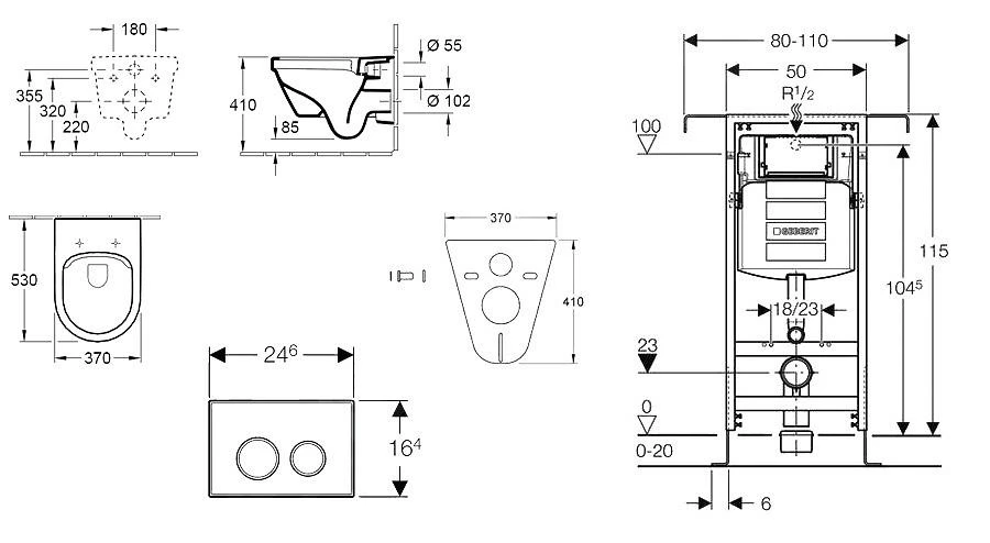 Geberit Duofix - Inbouwreservoir Voor Hangend Toilet Met SIGMA20 Bedieningsknop, Wit/glanzend Chroom + Villeroy Boch - Hangend Toilet En Wc-bril, DirectFlush, SoftClose, CeramicPlus 111.355.00.5 NB4 - Afbeelding 2