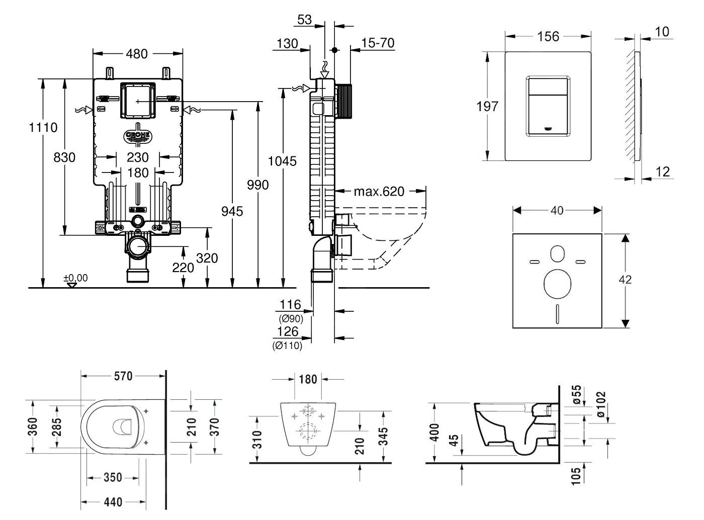Grohe Uniset - Complete Toiletset, Wand-wc + Me By Starck Toiletzitting, Rimless, SoftClose, + Bedieningsplaat Skate Cosmo, Chroom 38643SET-KM - Afbeelding 2