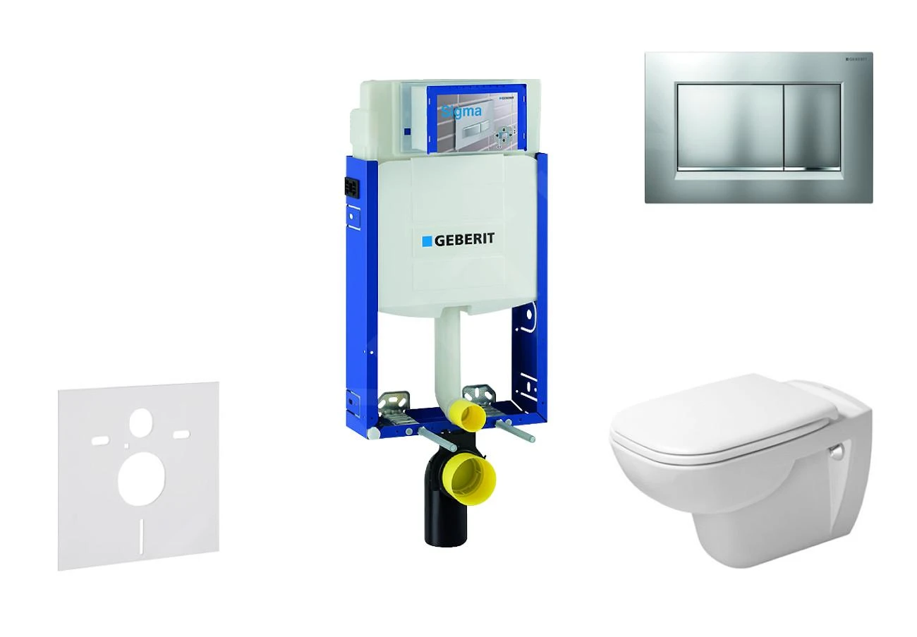 Geberit Kombifix - Toiletset Met Sigma30 Bedieningsplaat, Mat Chroom/chroom + Duravit D-Code Hangend Toilet En Wc Bril, Rimless, SoftClose 110.302.00.5 NH7