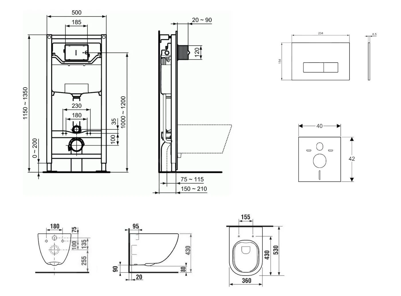 Ideal Standard ProSys - Toiletset- Inbouwreservoir, Closet, WC-zitting Mio, Oleas M2 Bedieningsplaat, Rimless, SlowClose, Antibak, Mat Chroom ProSys120M SP68 - Afbeelding 2