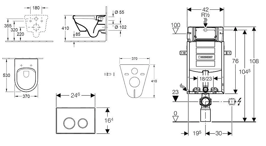 Geberit Kombifix - Inbouwreservoir Voor Hangend Toilet Met SIGMA01 Bedieningsknop, Mat Chroom + Villeroy Boch - Hangend Toilet En Wc-bril, DirectFlush, SoftClose, CeramicPlus 110.302.00.5 NB3 - Afbeelding 2