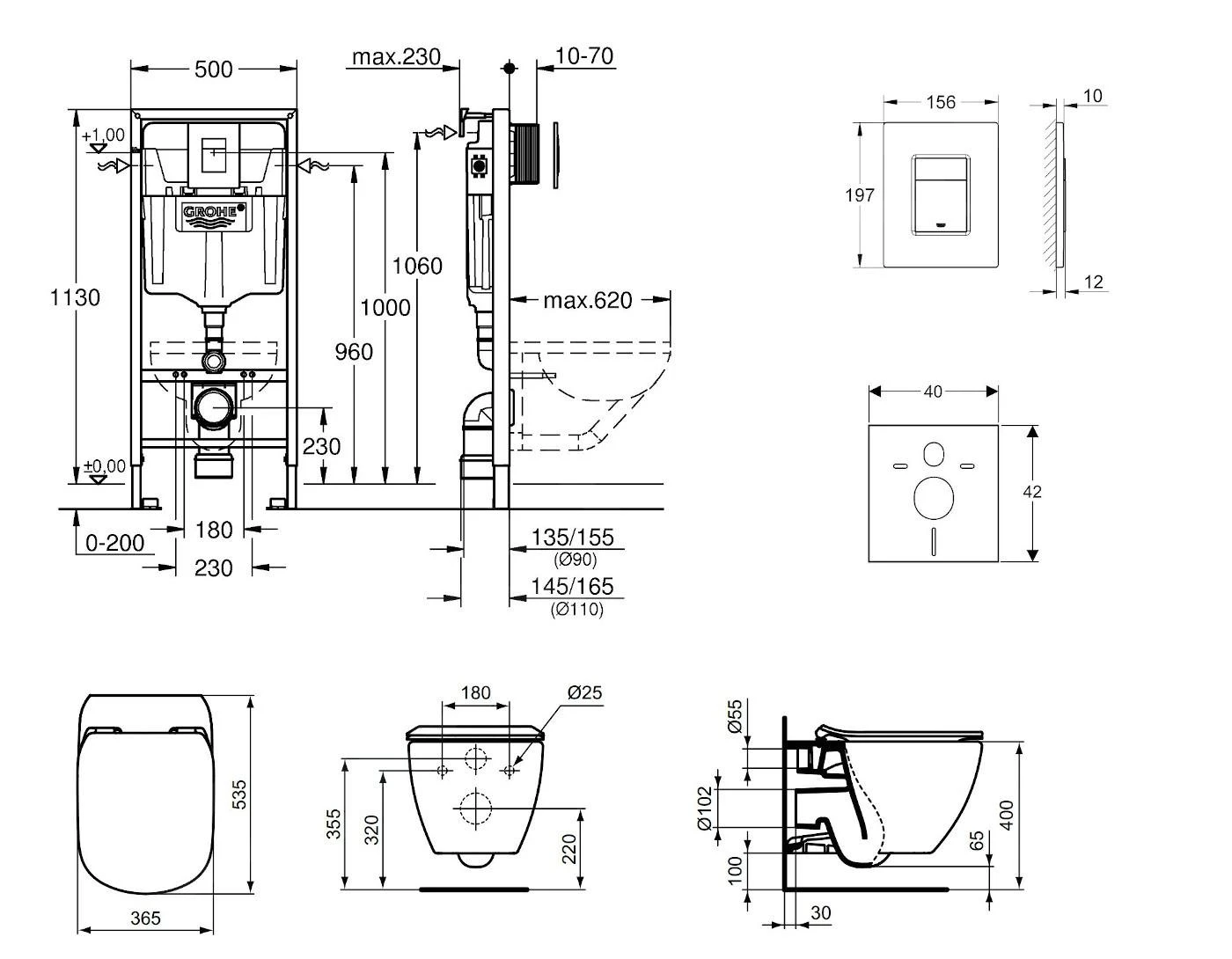 Grohe Rapid SL - Complete Toiletset Aquablade Wandcloset+ Ideal Standard WC Zitting, Skate Cosmo Bedieningsplaat, SoftClose, Chroom 38528SET-KU - Afbeelding 2