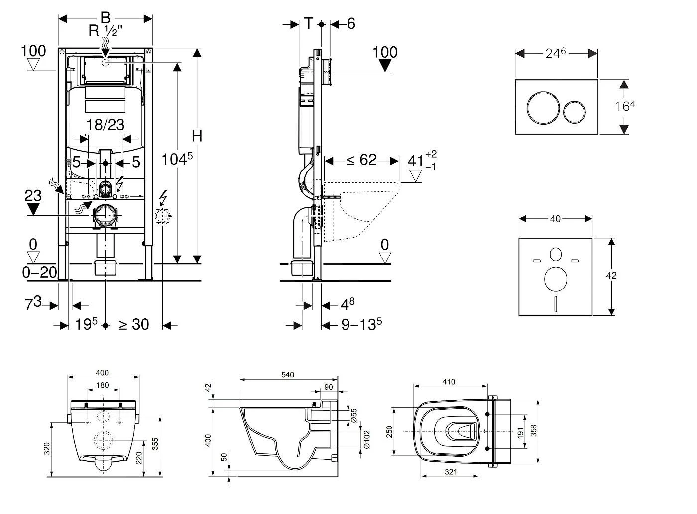 Geberit Duofix - Inbouwreservoir Voor Hangend Toilet Met SIGMA20 Bedieningsknop, Wit/glanzend Chroom + Tece One - Hangend Douche-wc En Wc-bril, Rimless, SoftClose 111.300.00.5 NT4 - Afbeelding 2
