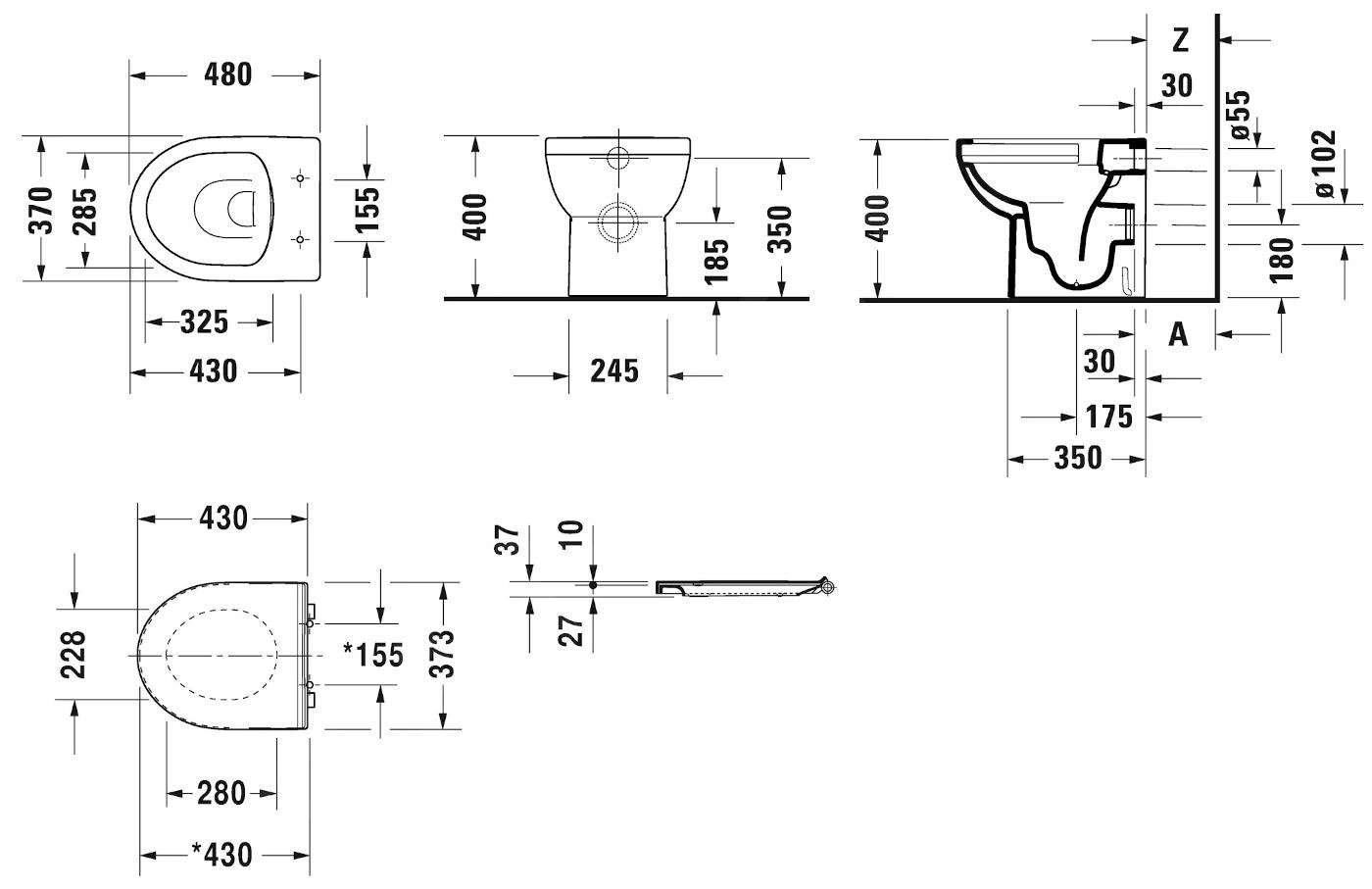 Duravit DuraStyle Basic - Staand Toilet Met SoftClose Wc Bril, Afval Aan De Achterkant, Rimless, Alpine Wit 41840900A1 - Afbeelding 2