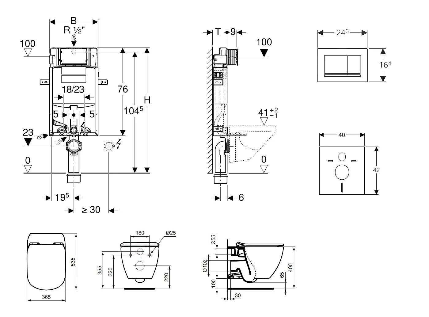 Geberit Kombifix - Inbouwreservoir Voor Hangend Toilet Met SIGMA30 Bedieningsknop, Wit/glanzend Chroom + Ideal Standard Tesi - Hangend Toilet En Wc-bril, Aquablade, SoftClose 110.302.00.5 NU5 - Afbeelding 2