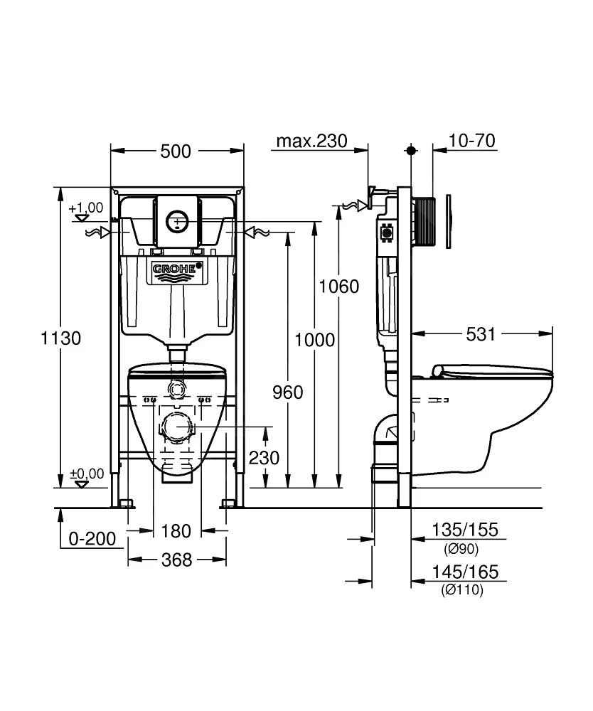 Grohe Solido - Complete Toiletset, Wandcloset + Bau Ceramic Toiletzitting Met SoftClose, Sail Bedieningsplaat, Chroom 39499000 - Afbeelding 2