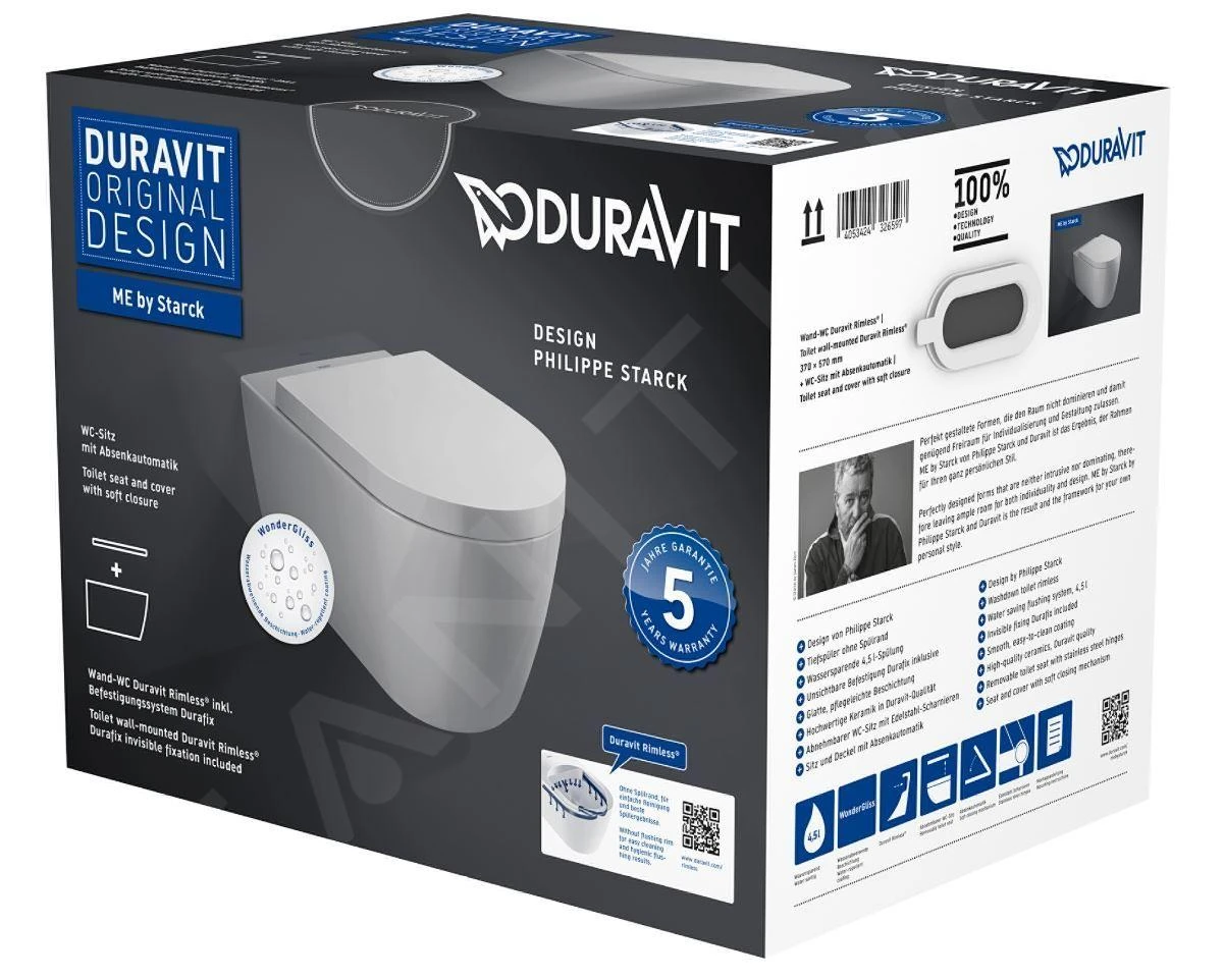 Duravit ME By Starck - Wandtoilet Met SoftClose Toiletbril, Rimless, Met WonderGliss, Alpine Wit 45290900A11 - Afbeelding 3
