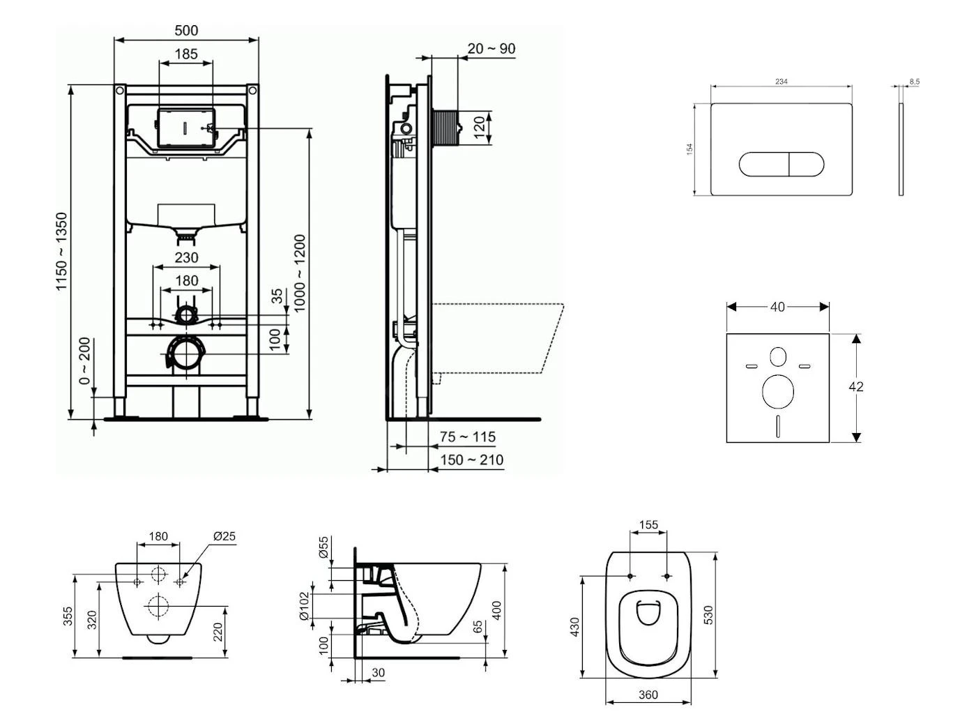 Ideal Standard ProSys - Toiletset- Inbouwreservoir, Closet, WC-zitting Tesi, Oleas M1 Bedieningsplaat, Aquablade, SoftClose, Wit ProSys120M SP4 - Afbeelding 2