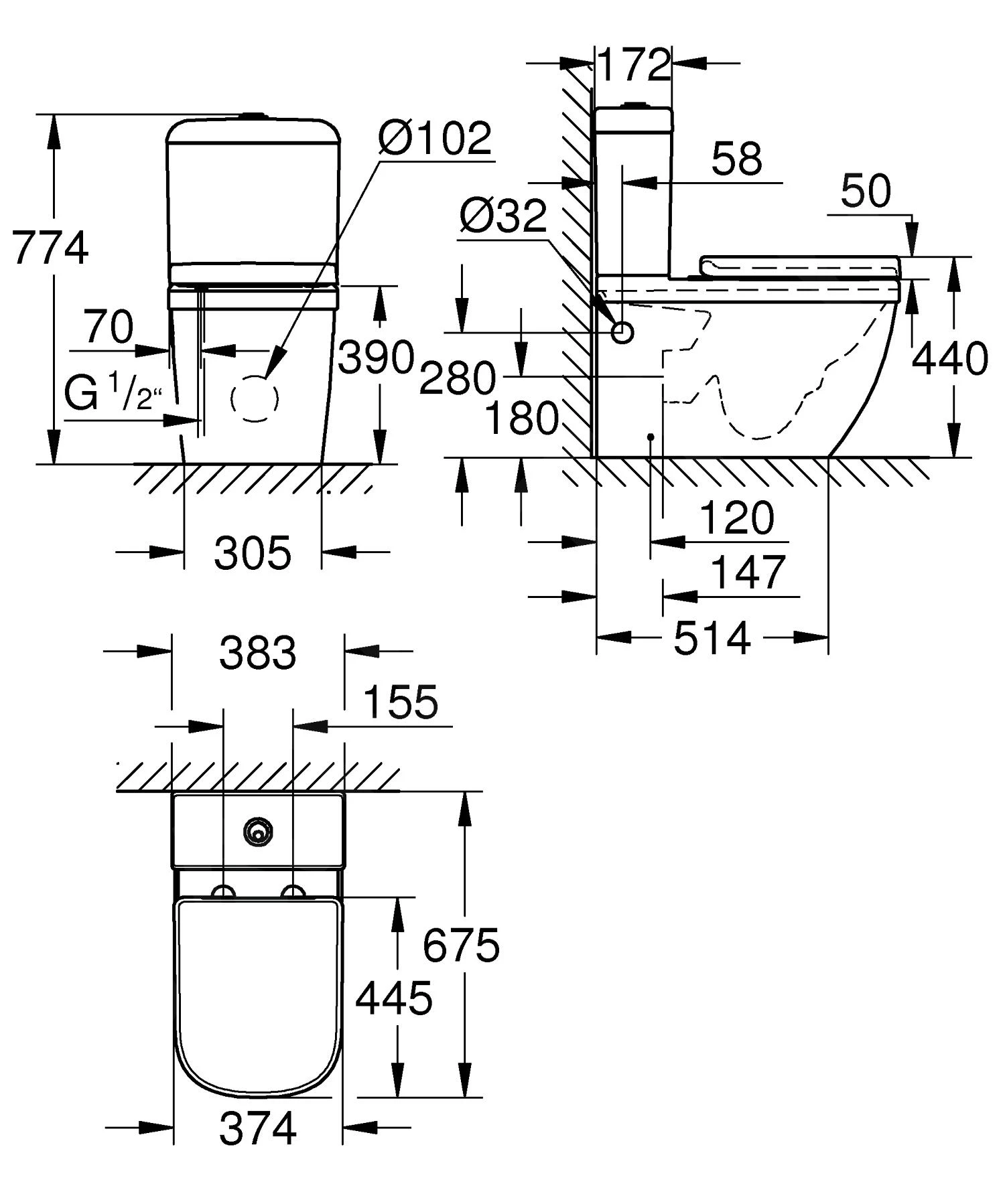 Grohe Euro Ceramic - Duobloktoilet Incl. Reservoir, Met SoftClose Wc Bril, Rimless, Triple Vortex, PureGuard, Alpine Wit 3946200H - Afbeelding 2