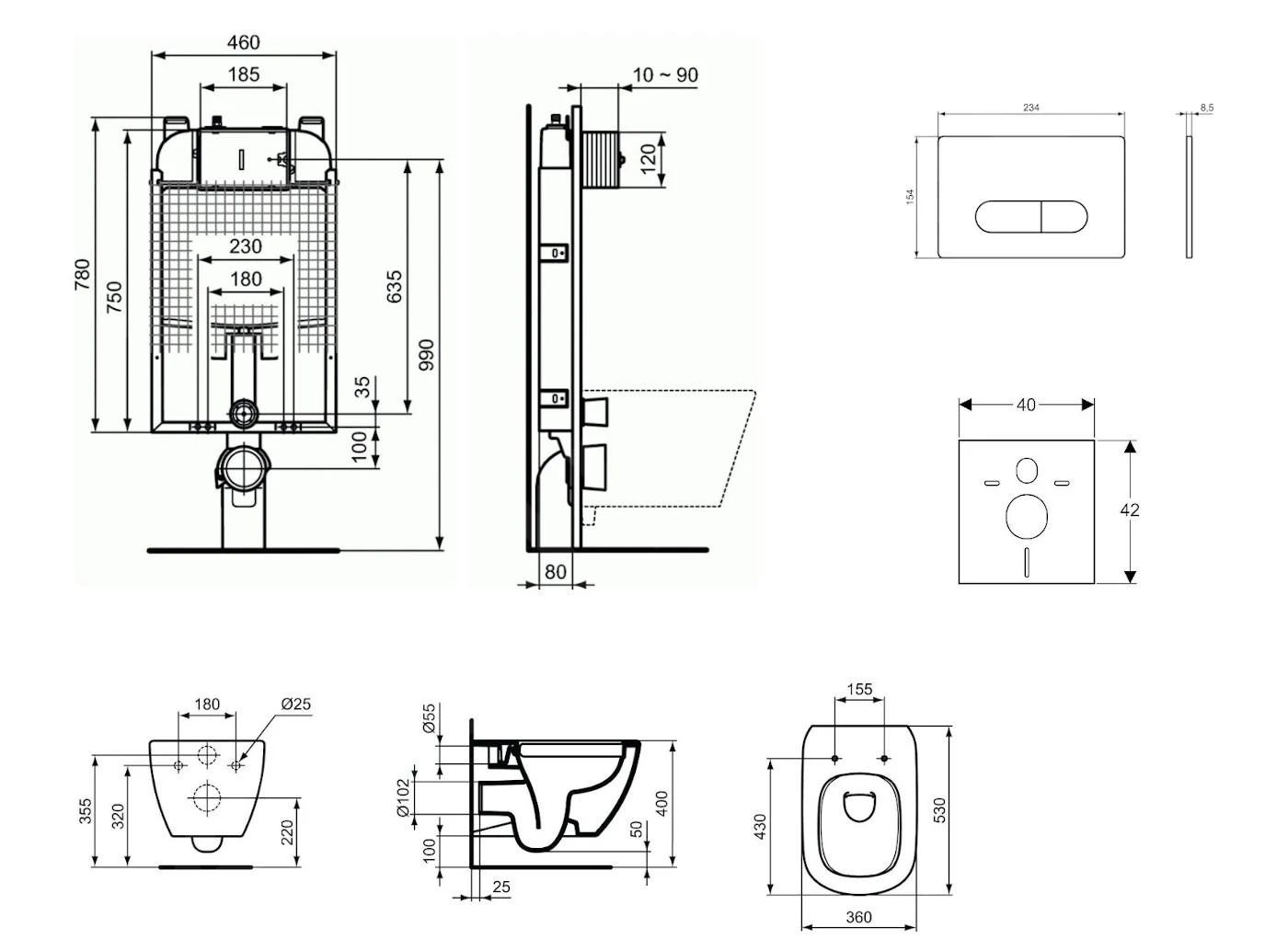 Ideal Standard ProSys - Toiletset- Inbouwreservoir, Closet, WC-zitting Tesi, Oleas M1 Bedieningsplaat, Rimless, Softclose, Mat Chroom ProSys80M SP83 - Afbeelding 2