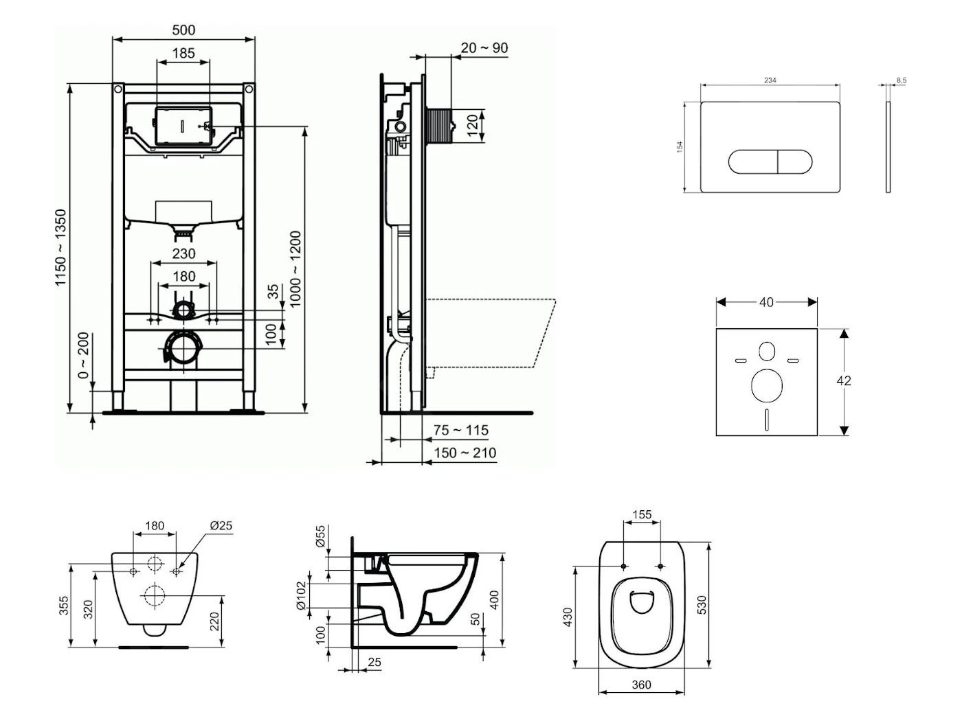 Ideal Standard ProSys - Toiletset- Inbouwreservoir, Closet, WC-zitting Tesi, Oleas M1 Bedieningsplaat, Rimless, SoftClose, Chroom ProSys120M SP12 - Afbeelding 2