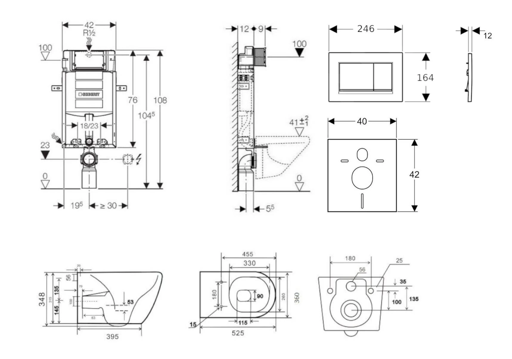 Geberit Kombifix - Voorwand Montageset, Gaia Toilet En Softclose Zitting, Sigma30 Bedieningsplaat, Mat Zwart/zwart SANI15CA5500 - Afbeelding 2