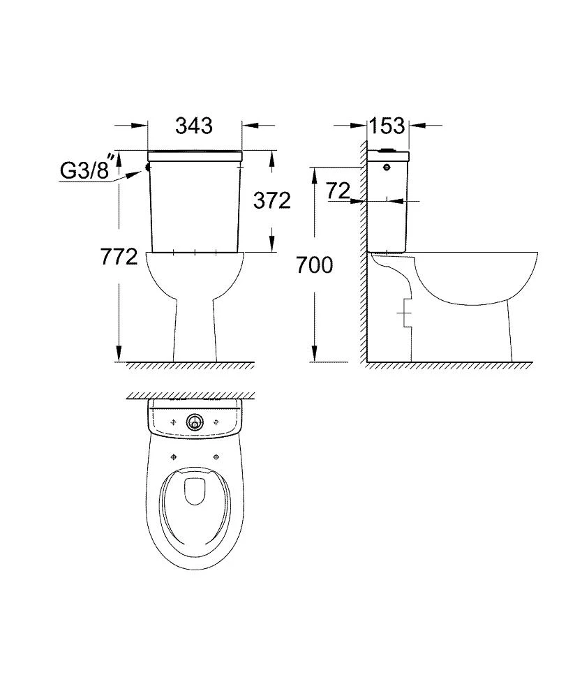 Grohe Bau Ceramic - Spoelreservoir, 343x153 Mm, Watertoevoer Aan De Zijkant, Alpine Wit 39494000 - Afbeelding 2