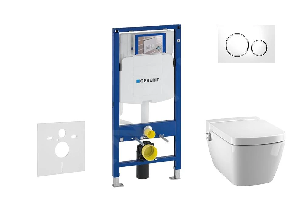 Geberit Duofix - Inbouwreservoir Voor Hangend Toilet Met SIGMA20 Bedieningsknop, Wit/glanzend Chroom + Tece One - Hangend Douche-wc En Wc-bril, Rimless, SoftClose 111.300.00.5 NT4