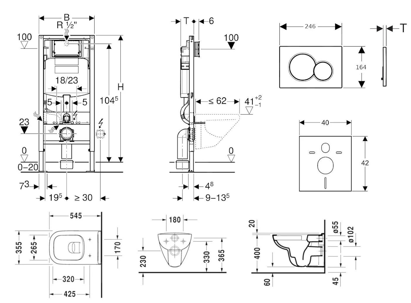 Geberit Duofix - Toiletset Met Sigma01 Bedieningsplaat, Glanzend Chroom + Duravit D-Code Hangend Toilet En Wc Bril, Rimless, SoftClose 111.300.00.5 NH2 - Afbeelding 2