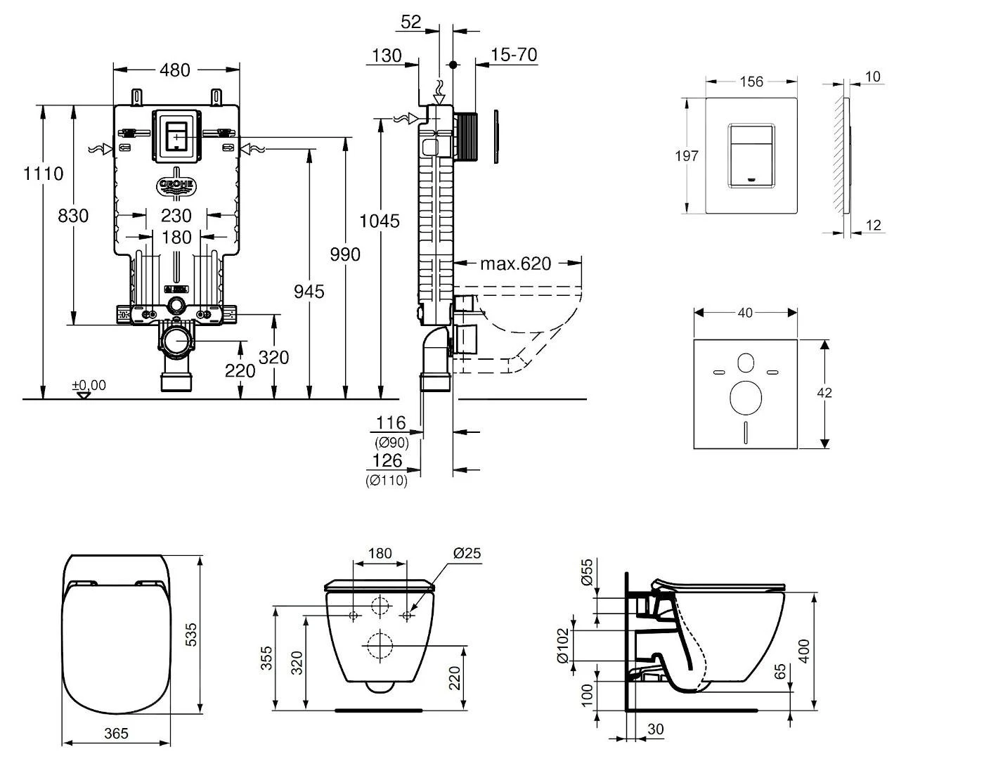 Grohe Uniset - Complete Toiletset Aquablade Wandcloset + Ideal Standard WC Zitting, Skate Cosmo Bedieningsplaat, SoftClose, Chroom 38643SET-KU - Afbeelding 2