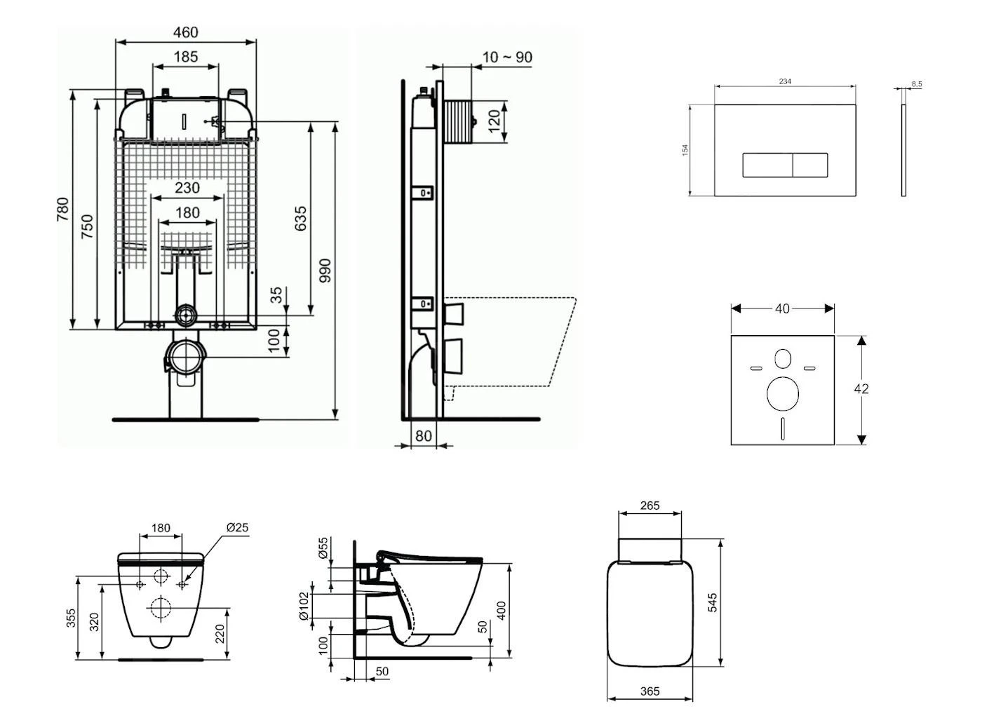 Ideal Standard ProSys - Toiletset- Inbouwreservoir, Closet, WC-zitting Strada II, Oleas M2 Bedieningsplaat, Aquablade, SoftClose, Mat Chroom ProSys80M SP98 - Afbeelding 2