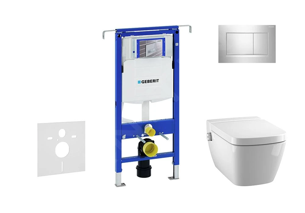 Geberit Duofix - Inbouwreservoir Voor Hangend Toilet Met SIGMA30 Bedieningsknop, Glanzend Chroom/chroom Mat + Tece One - Hangend Douche-wc En Wc-bril, Rimless, SoftClose 111.355.00.5 NT6