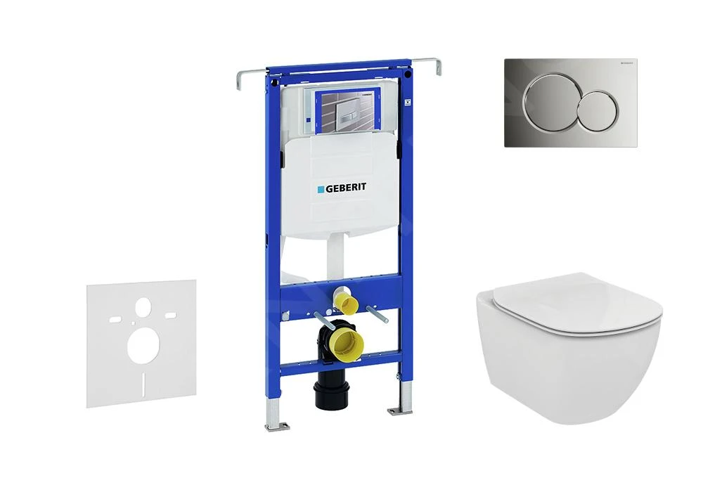 Geberit Duofix - Inbouwreservoir Voor Hangend Toilet Met SIGMA01 Bedieningsknop, Glanzend Chroom + Ideal Standard Tesi- Hangend Toilet En Wc-bril 111.355.00.5 NF2