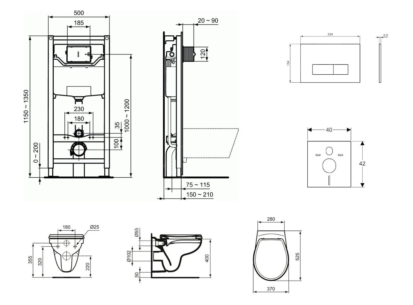 Ideal Standard ProSys - Toiletset- Inbouwreservoir, Closet, WC-zitting Eurovit, Oleas M2 Bedieningsplaat, Rimless, SoftClose, Chroom ProSys120M SP51 - Afbeelding 2