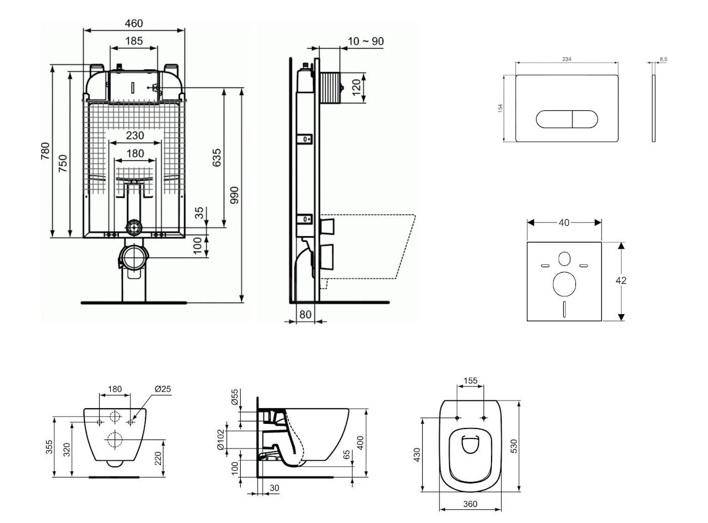 Ideal Standard ProSys - Toiletset- Inbouwreservoir, Closet, WC-zitting Tesi, Oleas M1 Bedieningsplaat, Aquablade, Softclose, Wit ProSys80M SP76 - Afbeelding 2