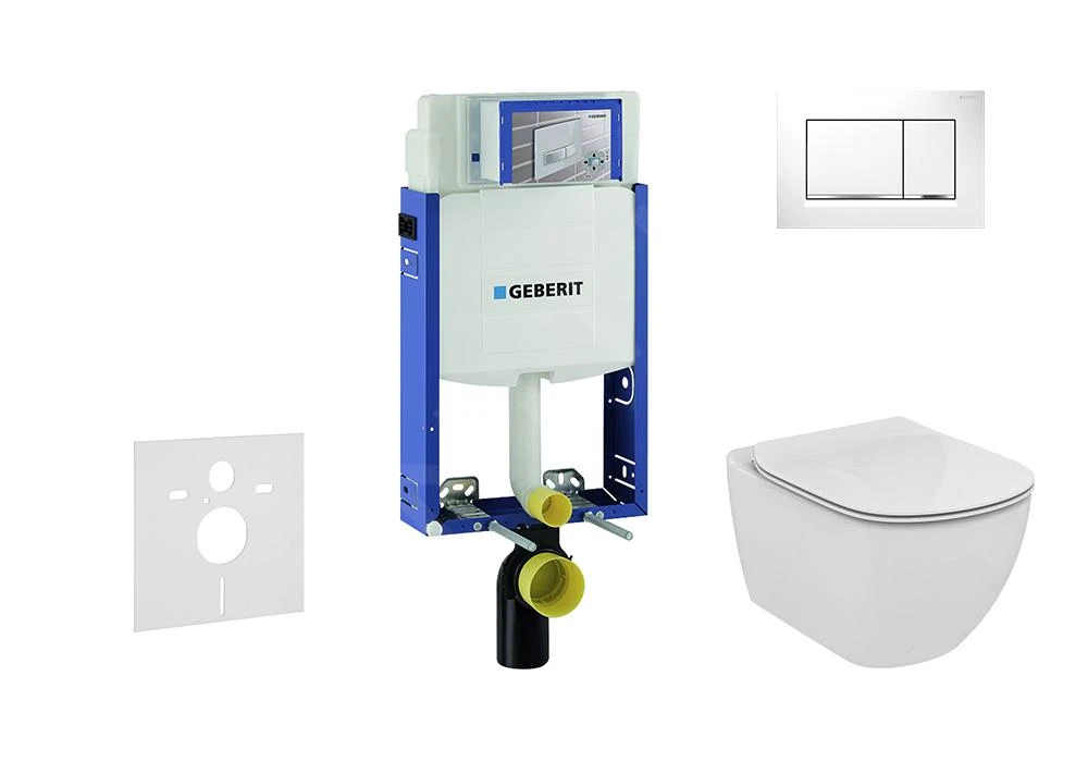 Geberit Kombifix - Inbouwreservoir Voor Hangend Toilet Met SIGMA30 Bedieningsknop, Wit/glanzend Chroom + Ideal Standard Tesi - Hangend Toilet En Wc-bril, Aquablade, SoftClose 110.302.00.5 NU5