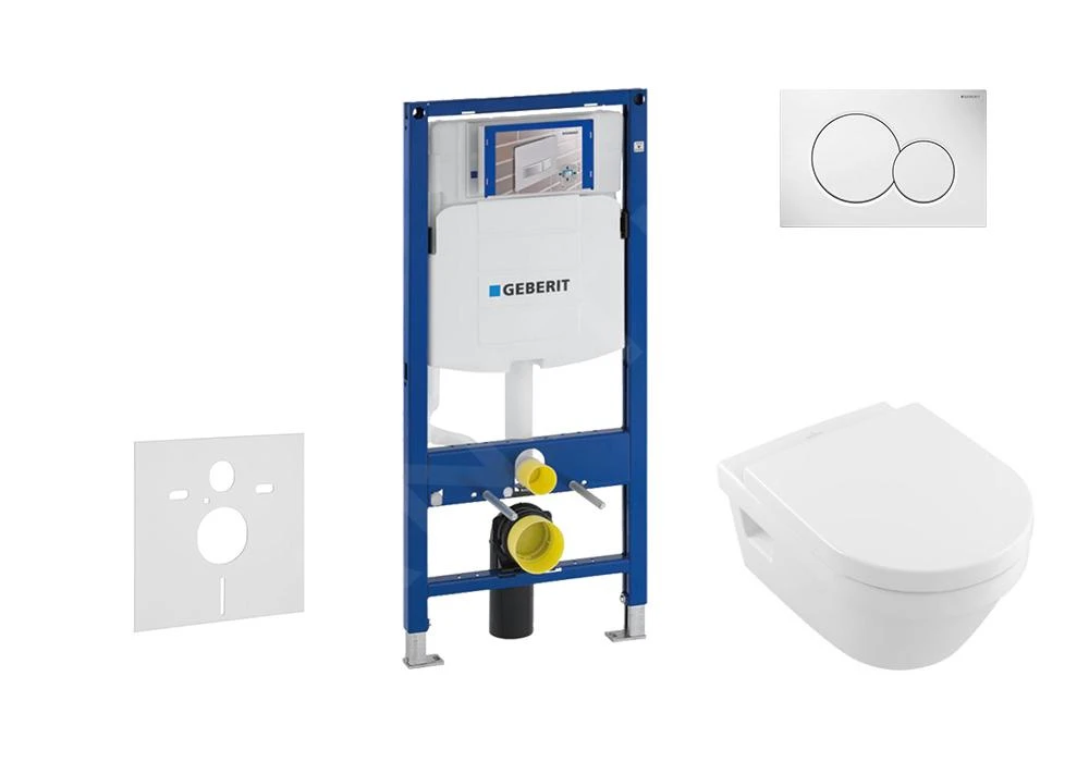 Geberit Duofix - Inbouwreservoir Voor Hangend Toilet Met SIGMA01 Bedieningsknop, Alpine Wit + Villeroy Boch - Hangend Toilet En Wc-bril, DirectFlush, SoftClose, CeramicPlus 111.300.00.5 NB1