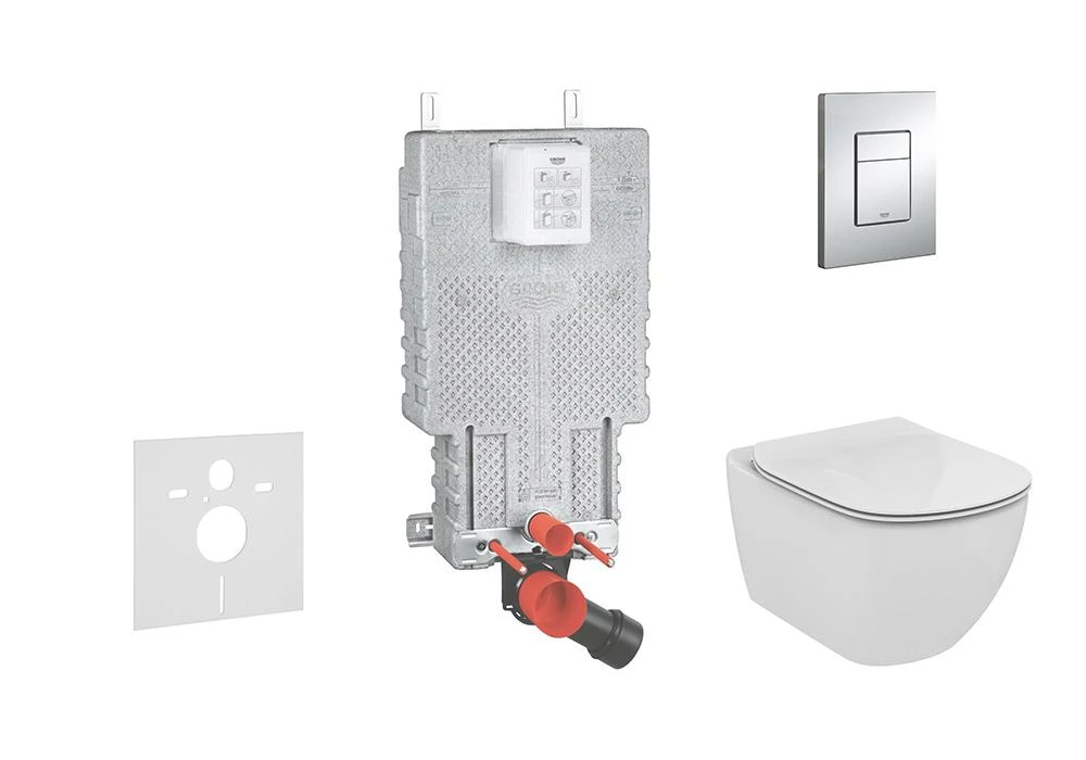 Grohe Uniset - Complete Toiletset Aquablade Wandcloset + Ideal Standard WC Zitting, Skate Cosmo Bedieningsplaat, SoftClose, Chroom 38643SET-KU