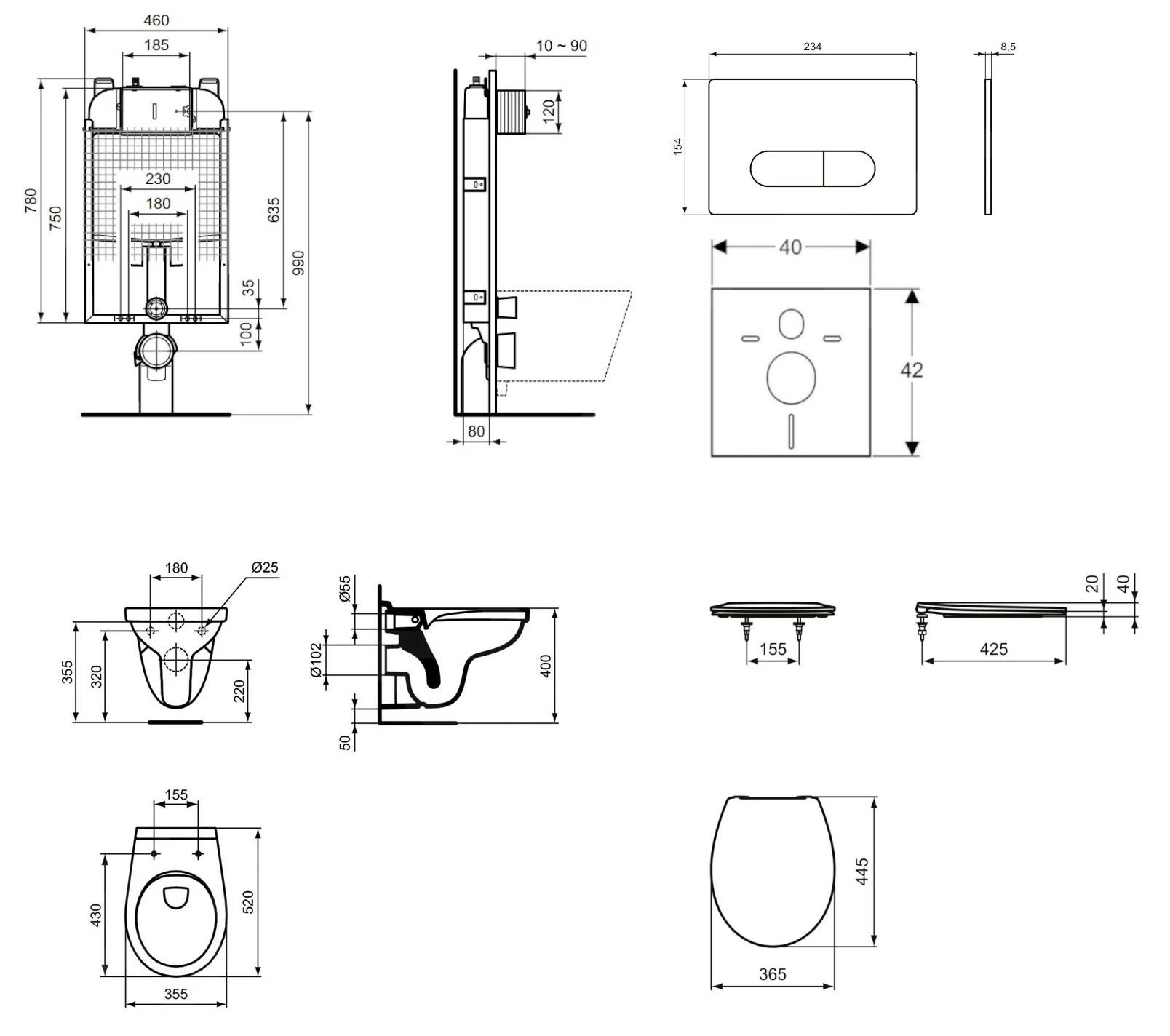 Ideal Standard ProSys - Toiletset - Inbouwreservoir, Closet Alpha Met WC-zitting, Oleas M1 Bedieningsplaat, SoftClose, Chroom ProSys80M SP114 - Afbeelding 2