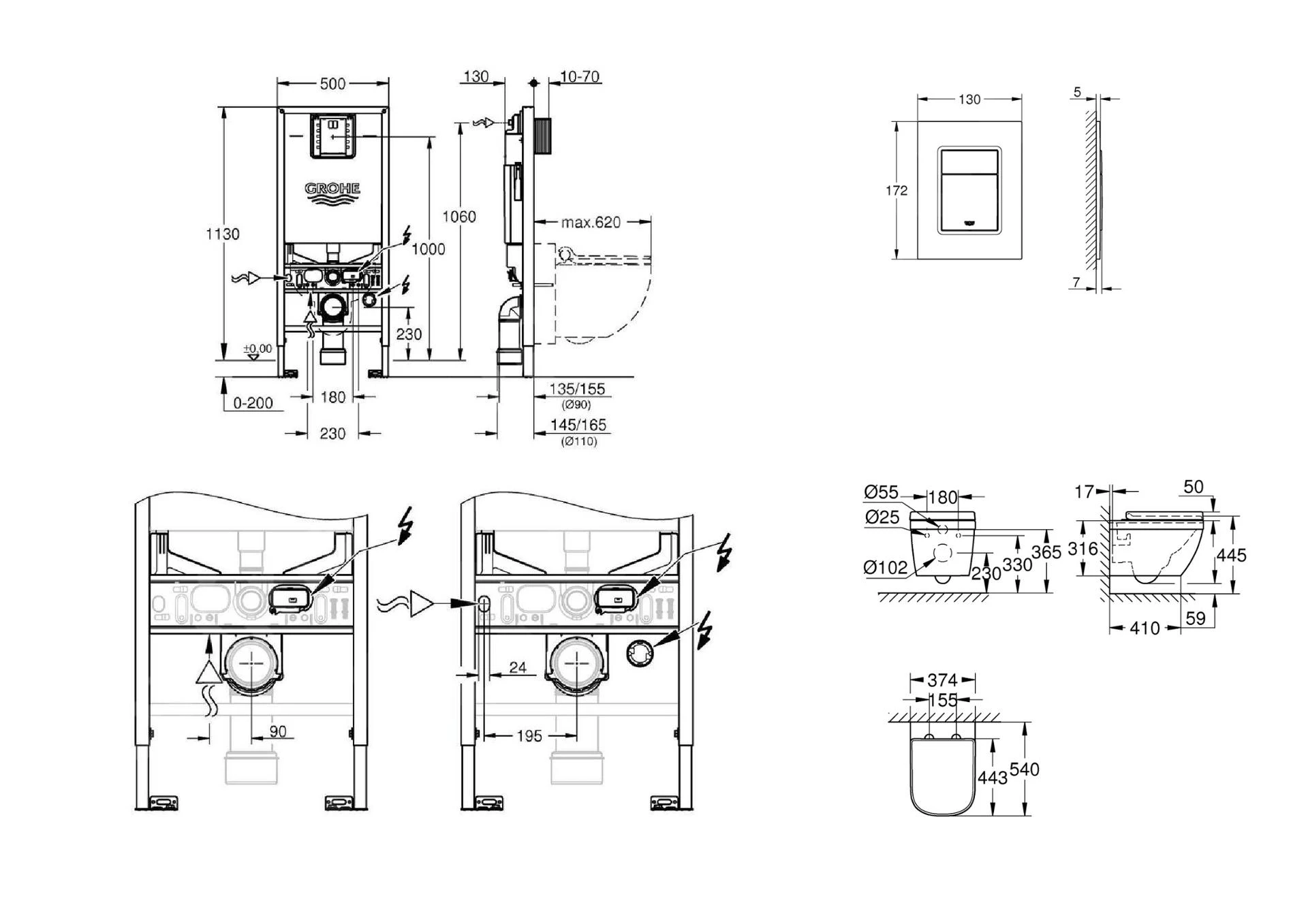 Grohe Rapid SLX - Complete Toiletset, Wand-wc + Toiletzitting, + Bedieningsplaat Skate Cosmopolitan S, Rimless, Softclose 39603SET-KX - Afbeelding 2