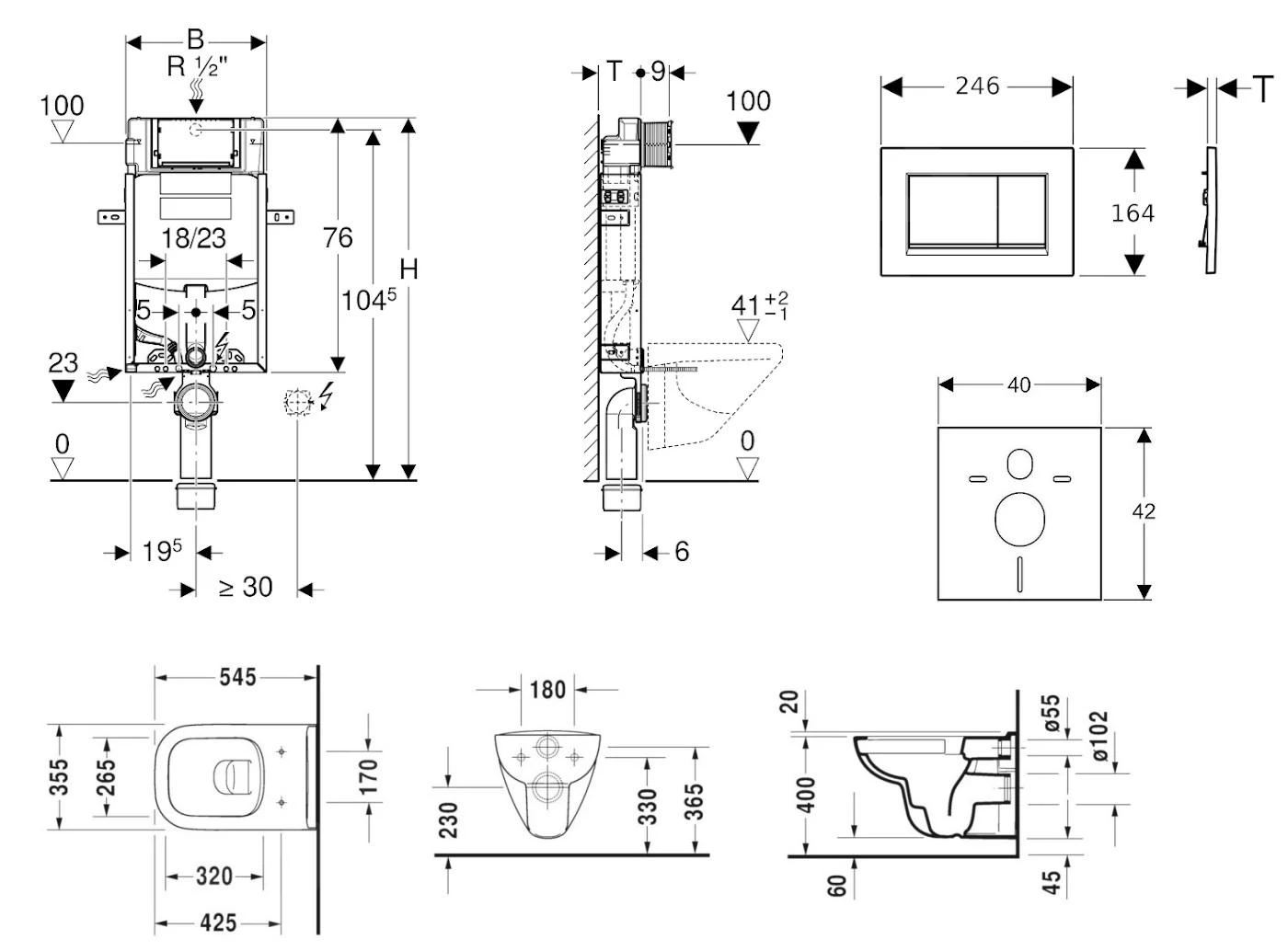 Geberit Kombifix - Toiletset Met Sigma30 Bedieningsplaat, Glanzend Chroom/mat Chroom + Duravit ME By Starck Hangend Toilet En Wc Bril, Rimless, SoftClose 110.302.00.5 NM6 - Afbeelding 2