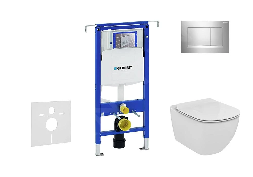 Geberit Duofix - Inbouwreservoir Voor Hangend Toilet Met SIGMA30 Bedieningsknop, Glanzend Chroom/mat Chroom + Ideal Standard Tesi - Hangend Toilet En Wc-bril, Aquablade, SoftClose 111.355.00.5 NU6