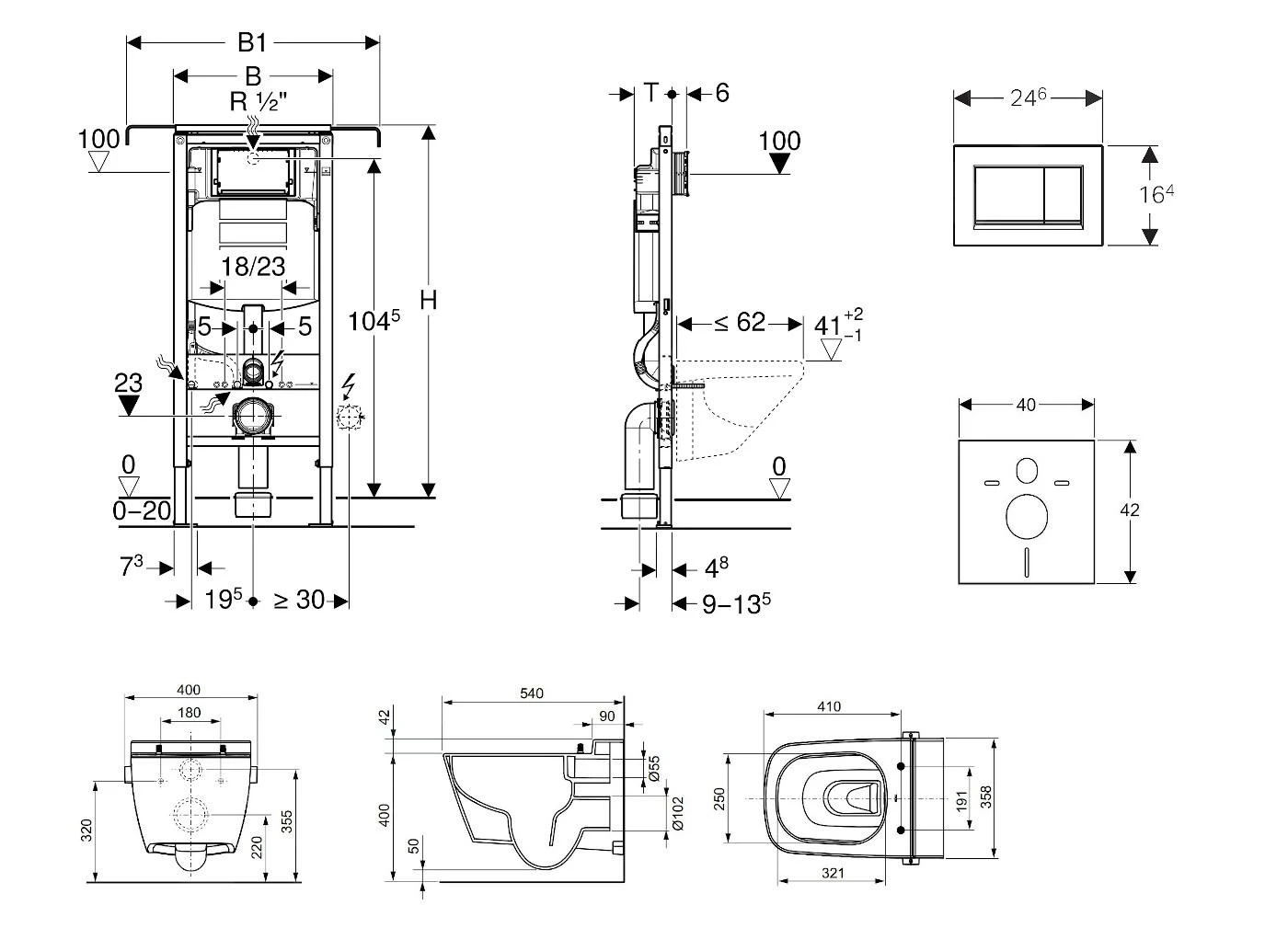 Geberit Duofix - Inbouwreservoir Voor Hangend Toilet Met SIGMA30 Bedieningsknop, Glanzend Chroom/chroom Mat + Tece One - Hangend Douche-wc En Wc-bril, Rimless, SoftClose 111.355.00.5 NT6 - Afbeelding 2