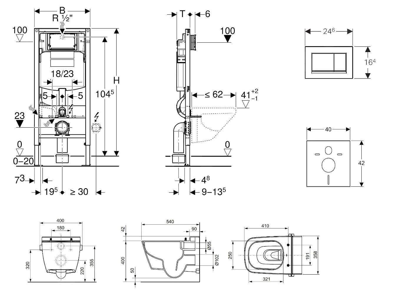 Geberit Duofix - Inbouwreservoir Voor Hangend Toilet Met SIGMA30 Bedieningsknop, Mat Chroom/chroom + Tece One - Hangend Douche-wc En Wc-bril, Rimless, SoftClose 111.300.00.5 NT7 - Afbeelding 2