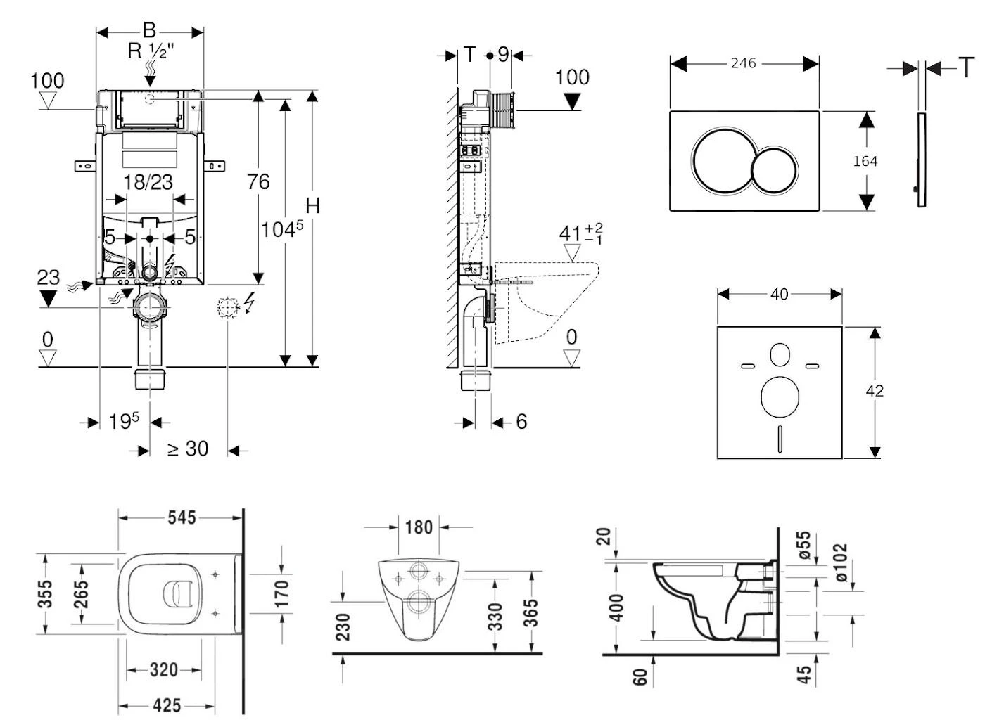 Geberit Kombifix - Toiletset Met Sigma01 Bedieningsplaat, Mat Chroom + Duravit ME By Starck Hangend Toilet En Wc Bril, Rimless, SoftClose 110.302.00.5 NM3 - Afbeelding 2