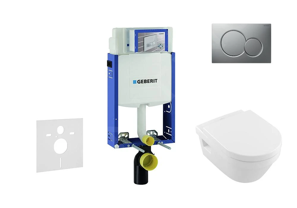 Geberit Kombifix - Inbouwreservoir Voor Hangend Toilet Met SIGMA01 Bedieningsknop, Mat Chroom + Villeroy Boch - Hangend Toilet En Wc-bril, DirectFlush, SoftClose, CeramicPlus 110.302.00.5 NB3