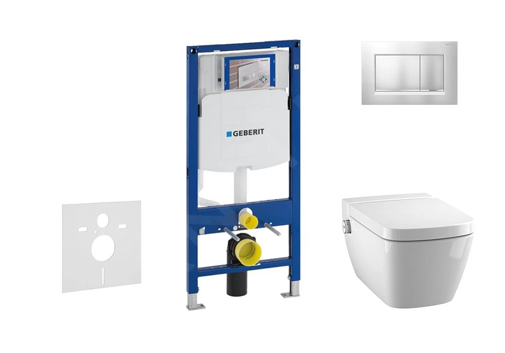 Geberit Duofix - Inbouwreservoir Voor Hangend Toilet Met SIGMA30 Bedieningsknop, Mat Chroom/chroom + Tece One - Hangend Douche-wc En Wc-bril, Rimless, SoftClose 111.300.00.5 NT7