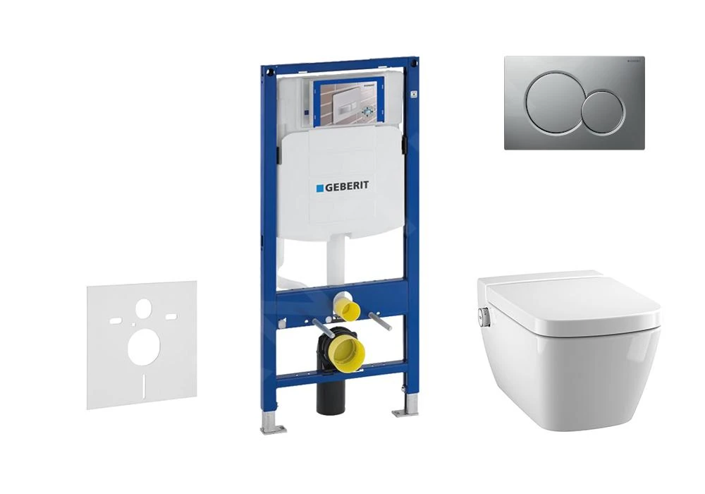Geberit Duofix - Inbouwreservoir Voor Hangend Toilet Met SIGMA01 Bedieningsknop, Mat Chroom + Tece One - Hangend Douche-wc En Wc-bril, Rimless, SoftClose 111.300.00.5 NT3
